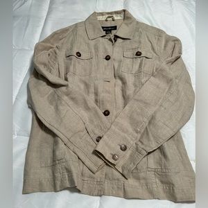 Khaki 100% linen jacket with pockets and button details. Size XL Eddie Bauer